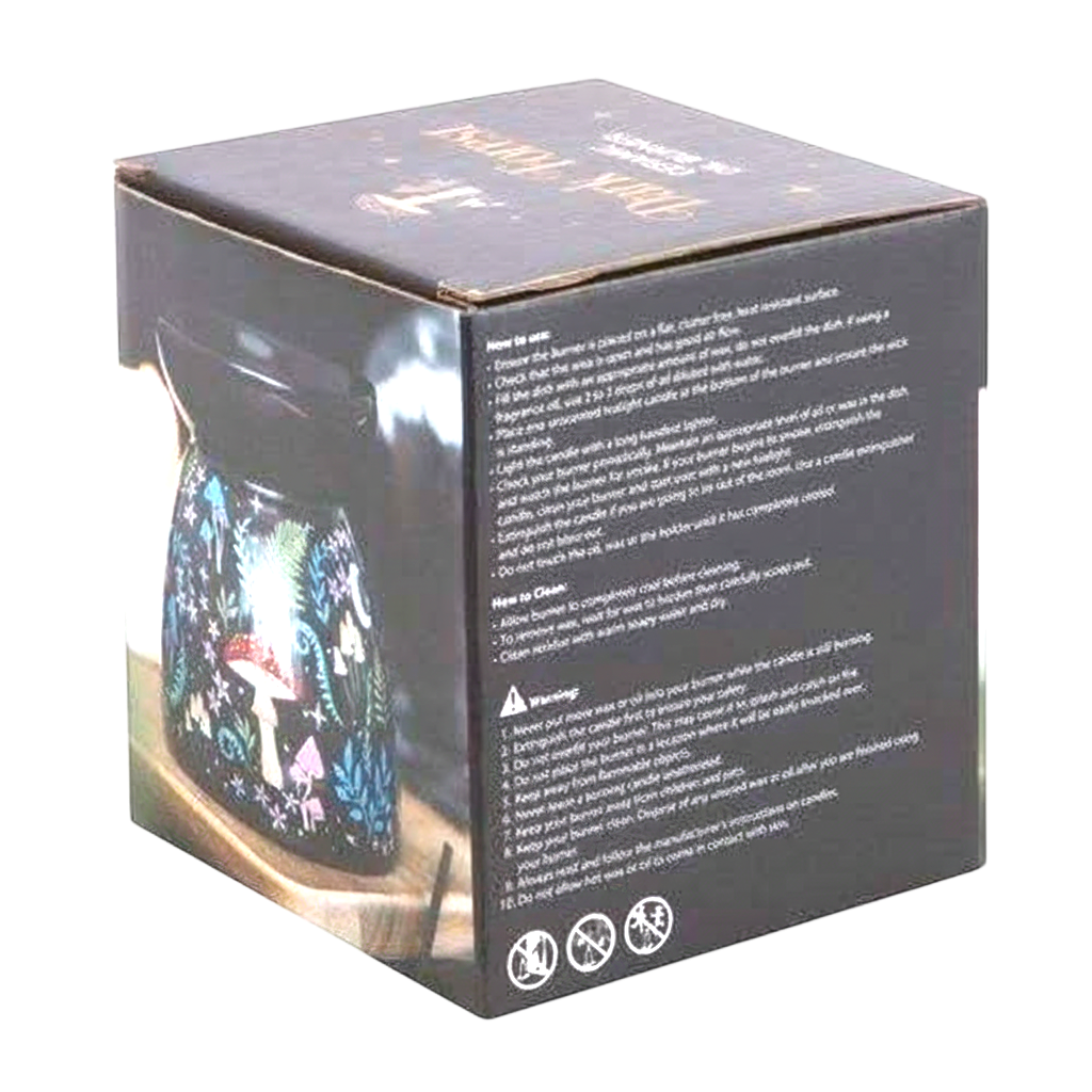 Dark Forest Print Oil Burner ceramic home fragrance accessory with colorful nocturnal forest illustrations and removable lid
