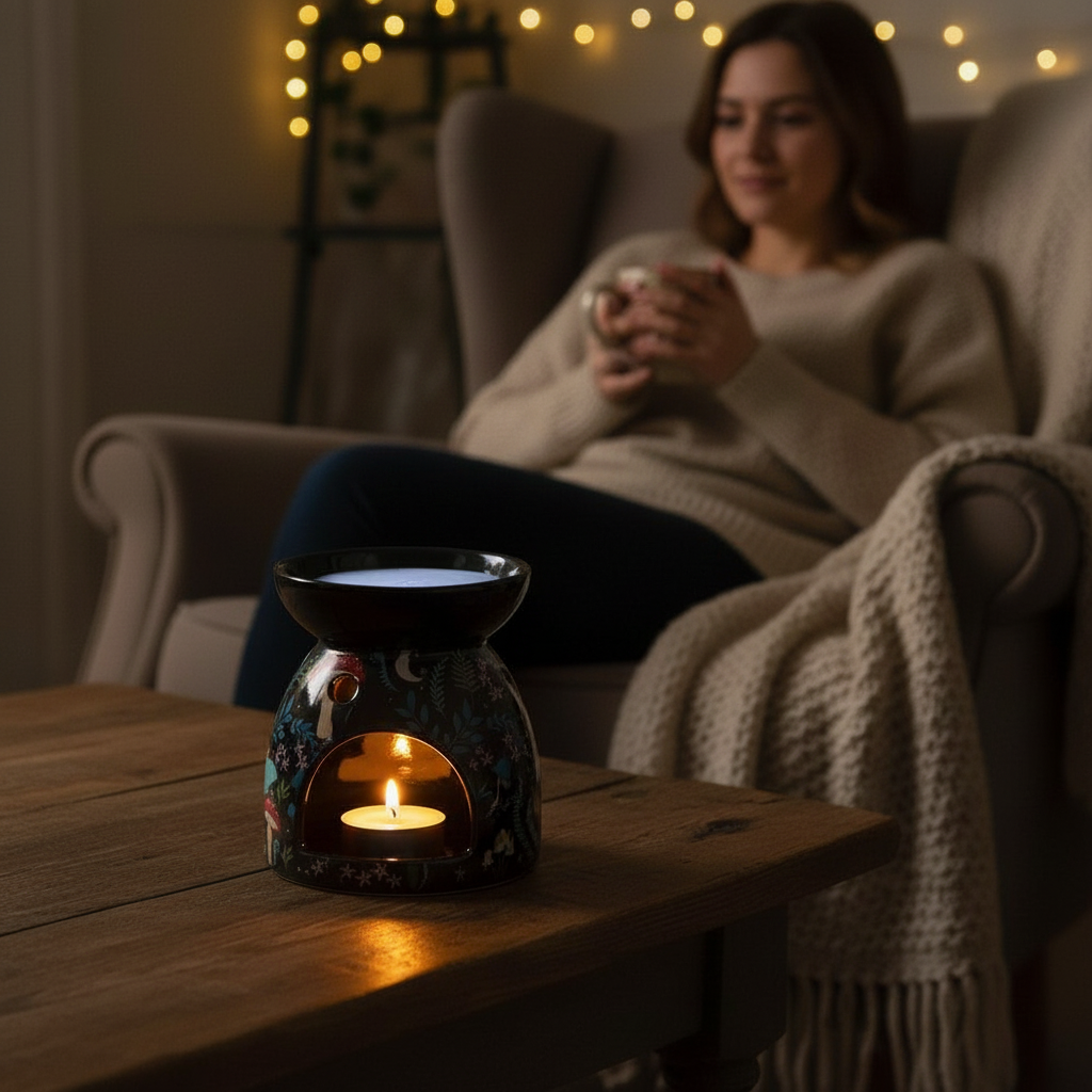 Dark Forest Print Oil Burner ceramic with colorful nocturnal forest illustrations and lit candle inside on wooden table