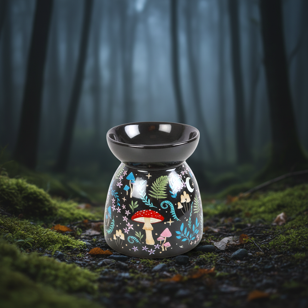 Dark Forest Print Oil Burner ceramic with colorful nocturnal forest motifs including mushrooms, ferns, stars, and a crescent moon