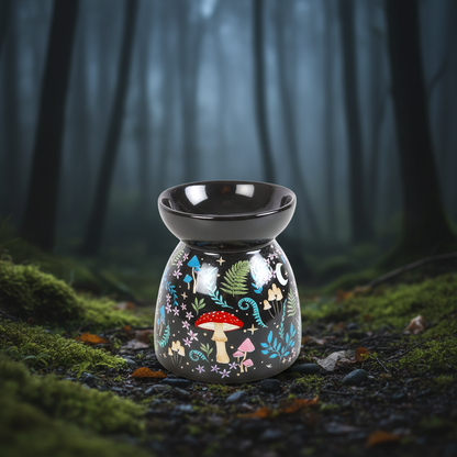 Dark Forest Print Oil Burner ceramic with colorful nocturnal forest motifs including mushrooms, ferns, stars, and a crescent moon
