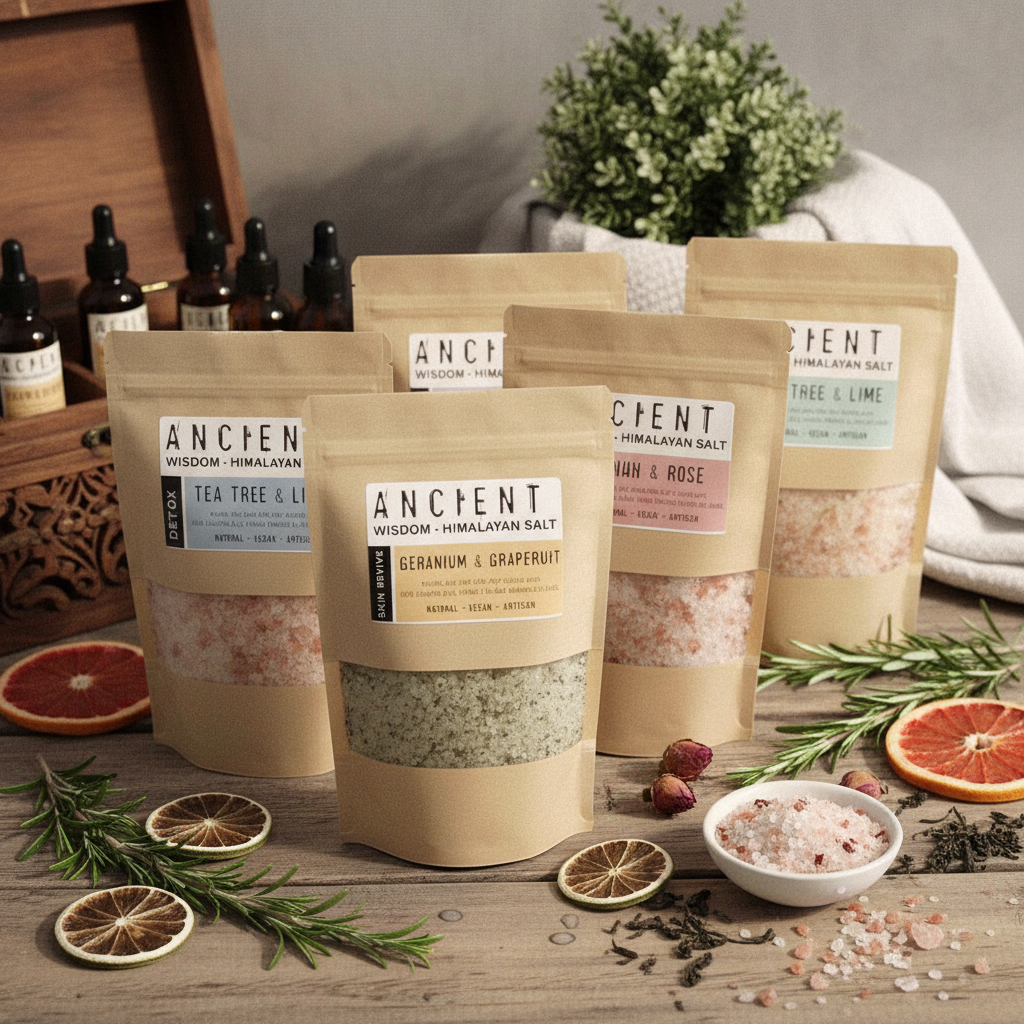 Detox Himalayan Bath Salt in kraft pouches with pink and green mineral salts, herbs, and botanical blends
