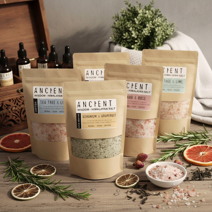 Detox Himalayan Bath Salt in kraft pouches with pink and green mineral salts, herbs, and botanical blends