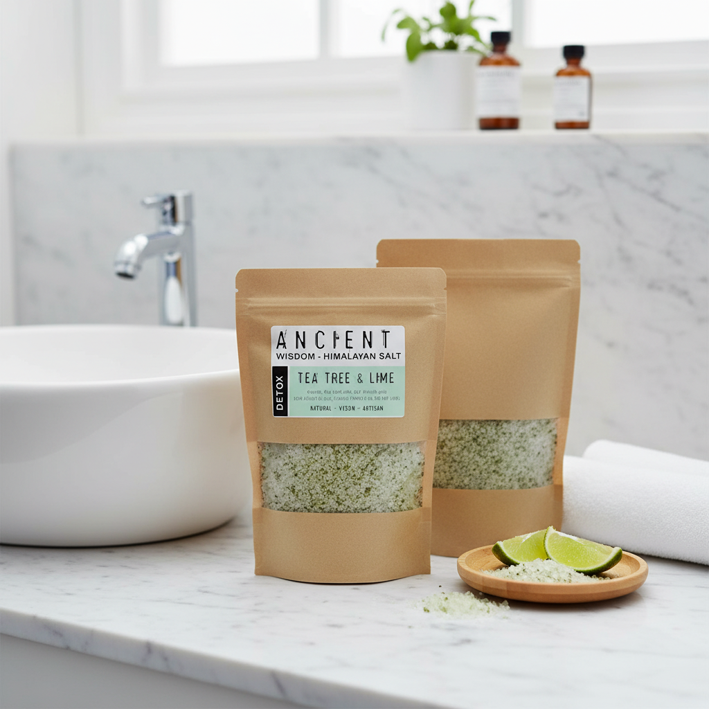 Detox Himalayan Bath Salt in two kraft pouches, with green mineral crystals and Tea Tree & Lime blend
