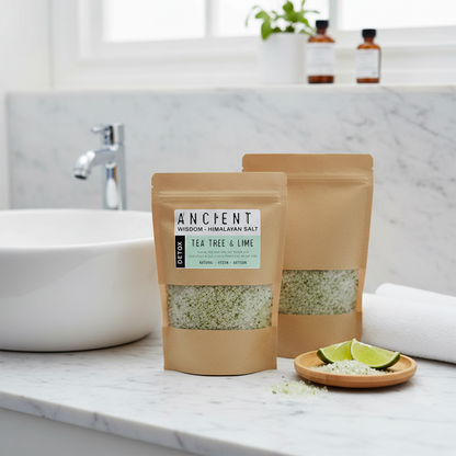 Detox Himalayan Bath Salt in two kraft pouches, with green mineral crystals and Tea Tree & Lime blend
