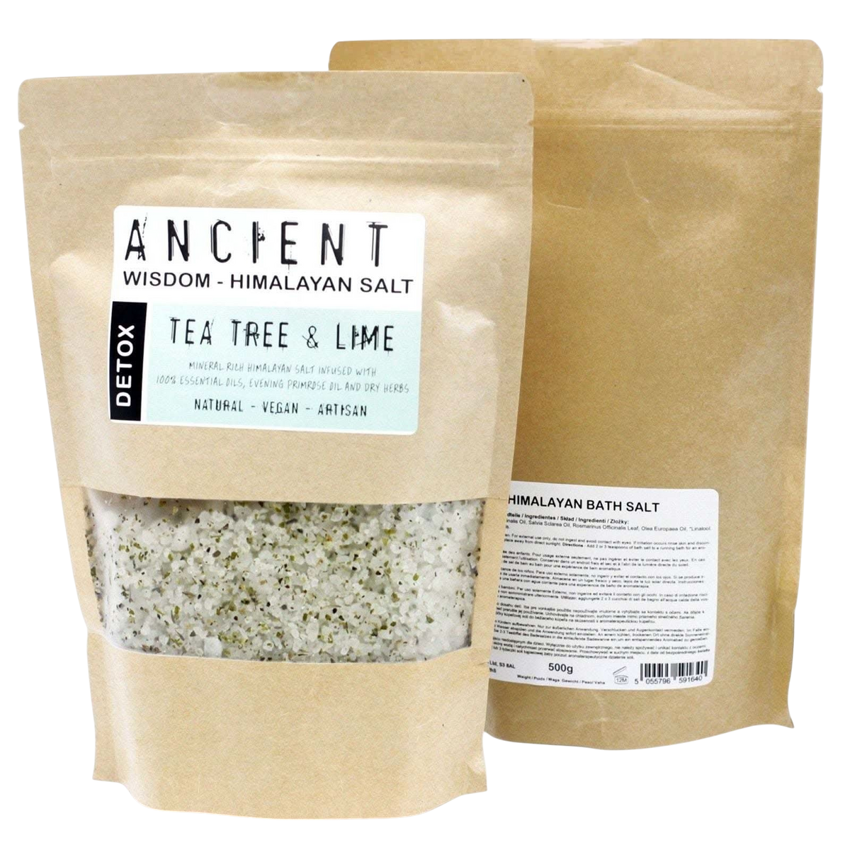 Detox Himalayan Bath Salt in a kraft pouch with visible white mineral salt, green herbs, and Tea Tree & Lime label
