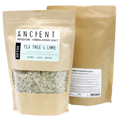 Detox Himalayan Bath Salt in a kraft pouch with visible white mineral salt, green herbs, and Tea Tree & Lime label