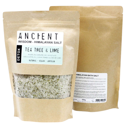 Detox Himalayan Bath Salt in a kraft pouch with visible white mineral salt, green herbs, and Tea Tree & Lime label