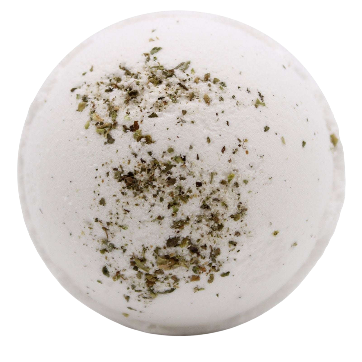 Detox - Himalayan Salt Bath Bomb, white round bath bomb with a textured surface and scattered green herb pieces