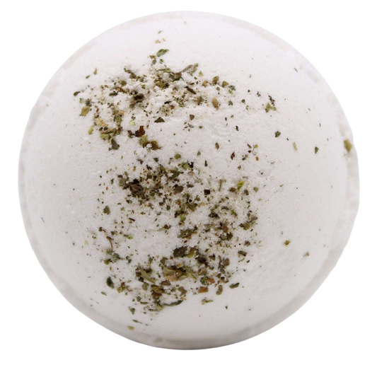 Detox - Himalayan Salt Bath Bomb, white round bath bomb with a textured surface and scattered green herb pieces