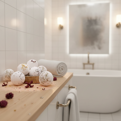 Detox - Himalayan Salt Bath Bomb, white spherical bath bomb with speckled botanical details beside rolled white towels