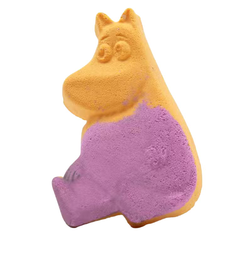 Hippo Bathbomb in orange and purple with citrus scent and foaming action for bath relaxation