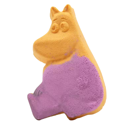 Hippo Bathbomb in orange and purple with citrus scent and foaming action for bath relaxation