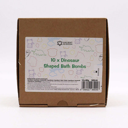 Pack of 10 Dinosaur Bath bomb shaped bath bombs in cardboard box with colorful dinosaur outlines on label