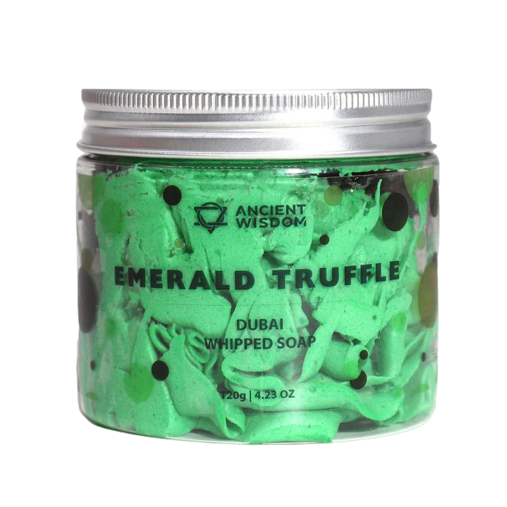 Dubai Whipped Soap Emerald Truffle 120g jar with silky, nourishing whipped soap and luxurious fragrance