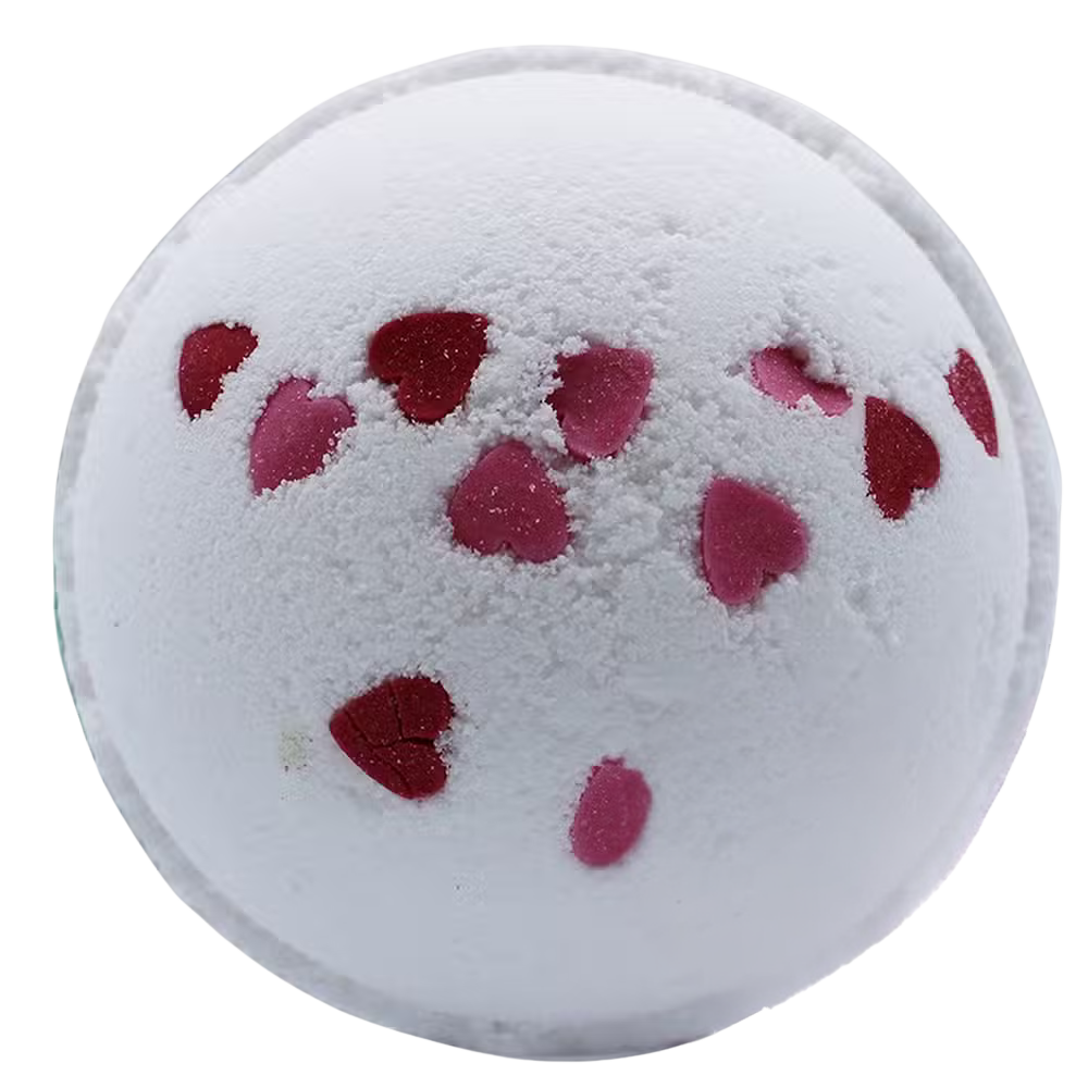 Love Hearts Bath Bomb with wild flower fragrance and red heart accents