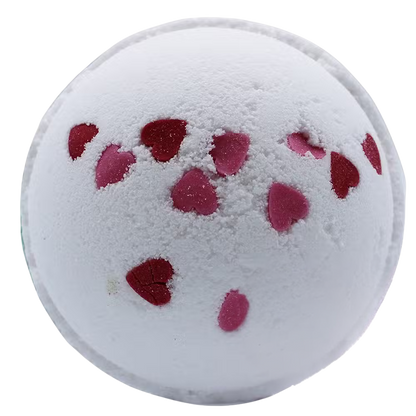 Love Hearts Bath Bomb with wild flower fragrance and red heart accents