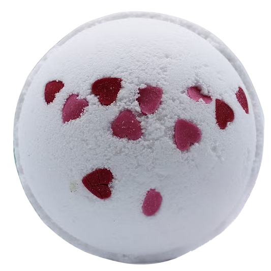 Love Hearts Bath Bomb with wild flower fragrance and red heart accents