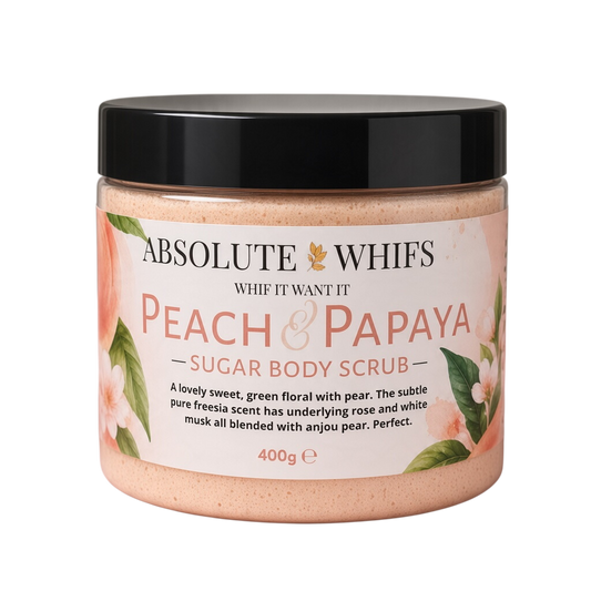 Absolute Whifs Peach and Papaya sugar body scrub in a 400g jar for gentle exfoliation and skin hydration.