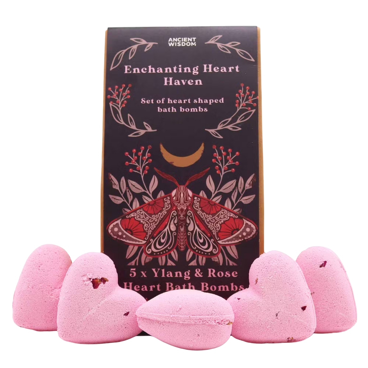 Enchanting Heart Heaven Bath gift set with ylang and rose scented heart-shaped bath bombs