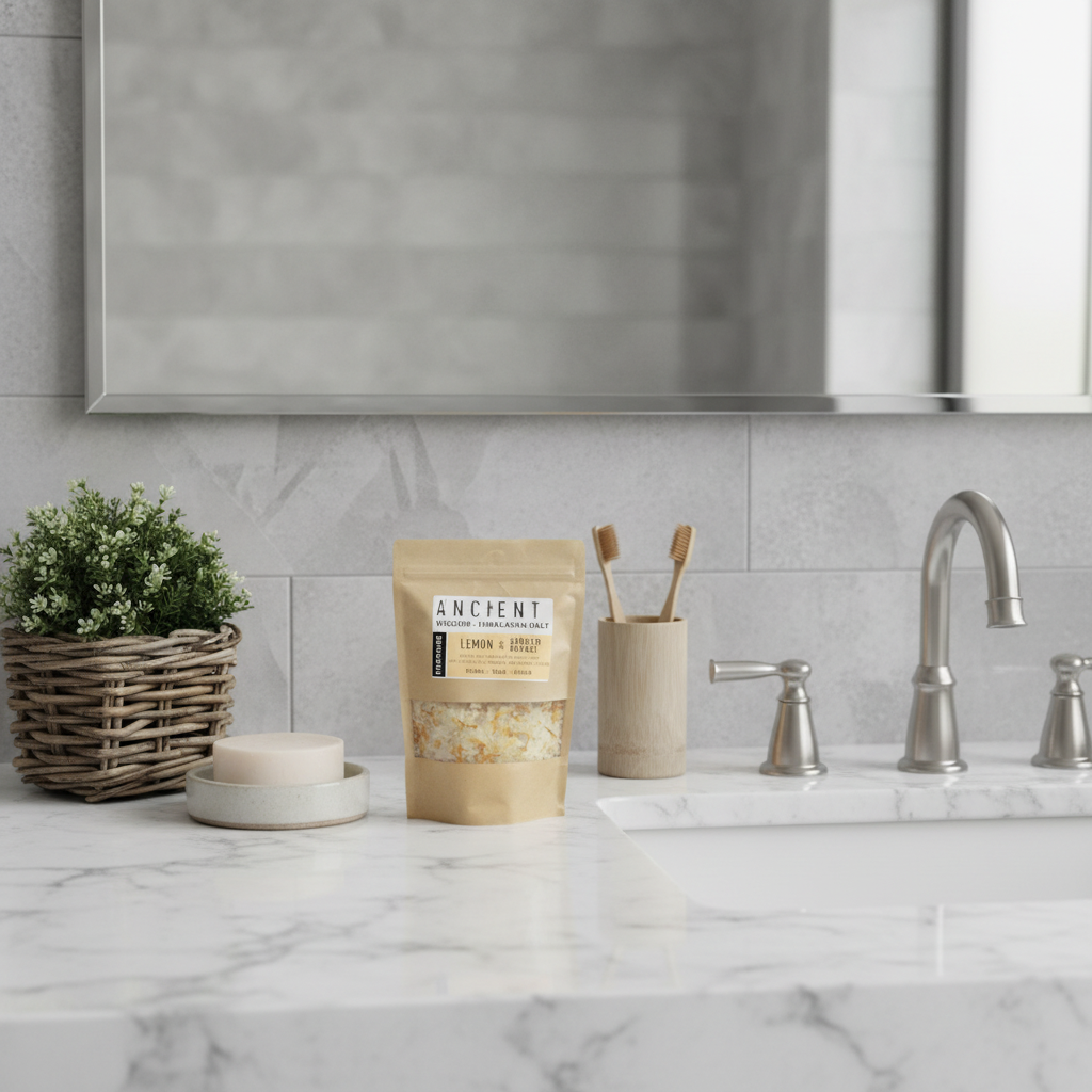 Absolute Whifs Energise Himalayan bath salt pouch with lemon, ginger, orange oils, and marigold flowers on a counter.