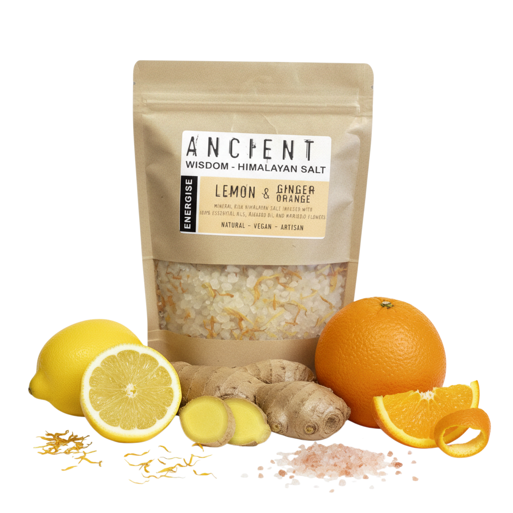 Absolute Whifs Energise Himalayan bath salt pouch with fresh lemon, ginger, orange, and marigold petals.
