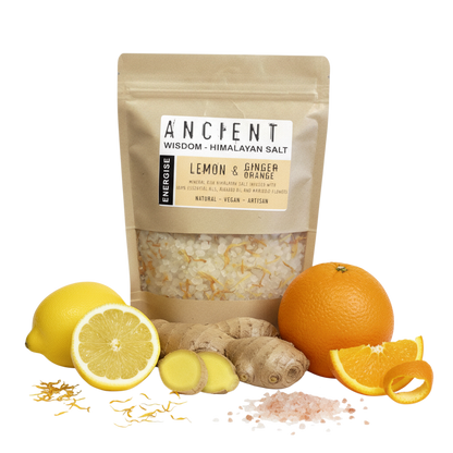 Absolute Whifs Energise Himalayan bath salt pouch with fresh lemon, ginger, orange, and marigold petals.