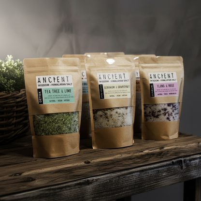 Absolute Whifs Himalayan bath salt pouches in kraft paper bags with botanical infusions and essential oils