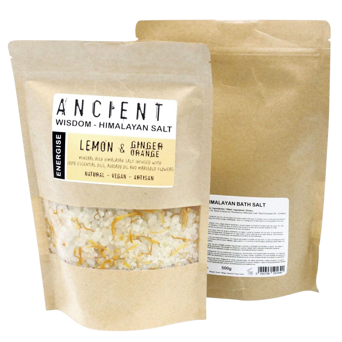 Himalayan bath salt blend with lemon, ginger, orange essential oils, avocado oil, and marigold flowers in resealable kraft packaging.