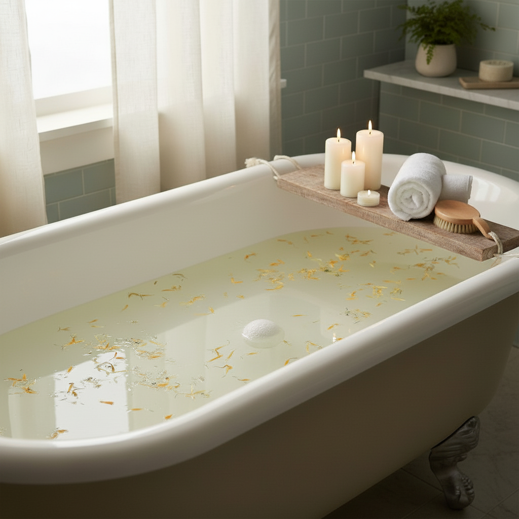 Energise Himalayan Salt Bath Bomb dissolving in a white bathtub with flower petals and lit candles on a wooden bath tray