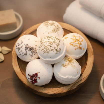Energise Himalayan Salt Bath Bomb set featuring six white round bombs with various dried flower and herb toppings in a wooden bowl