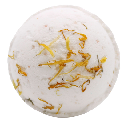 Energise Himalayan Salt Bath Bomb in white with dried yellow flower petals embedded on the surface, round and textured