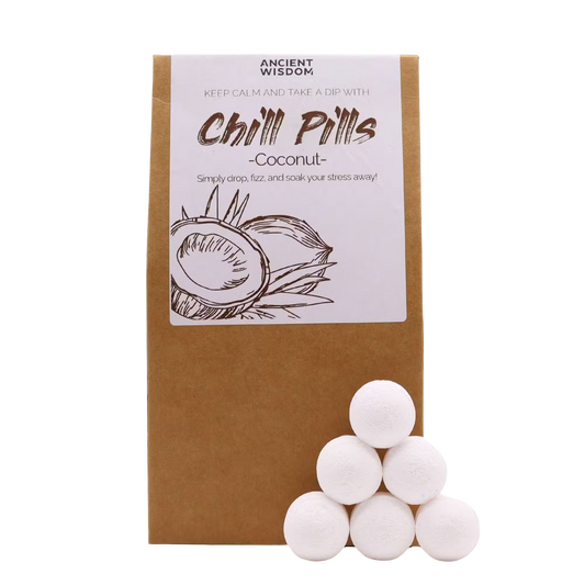 Chill Pills Gift Pack 350g coconut-scented bath bombs in eco-friendly packaging with six white fizzing tablets