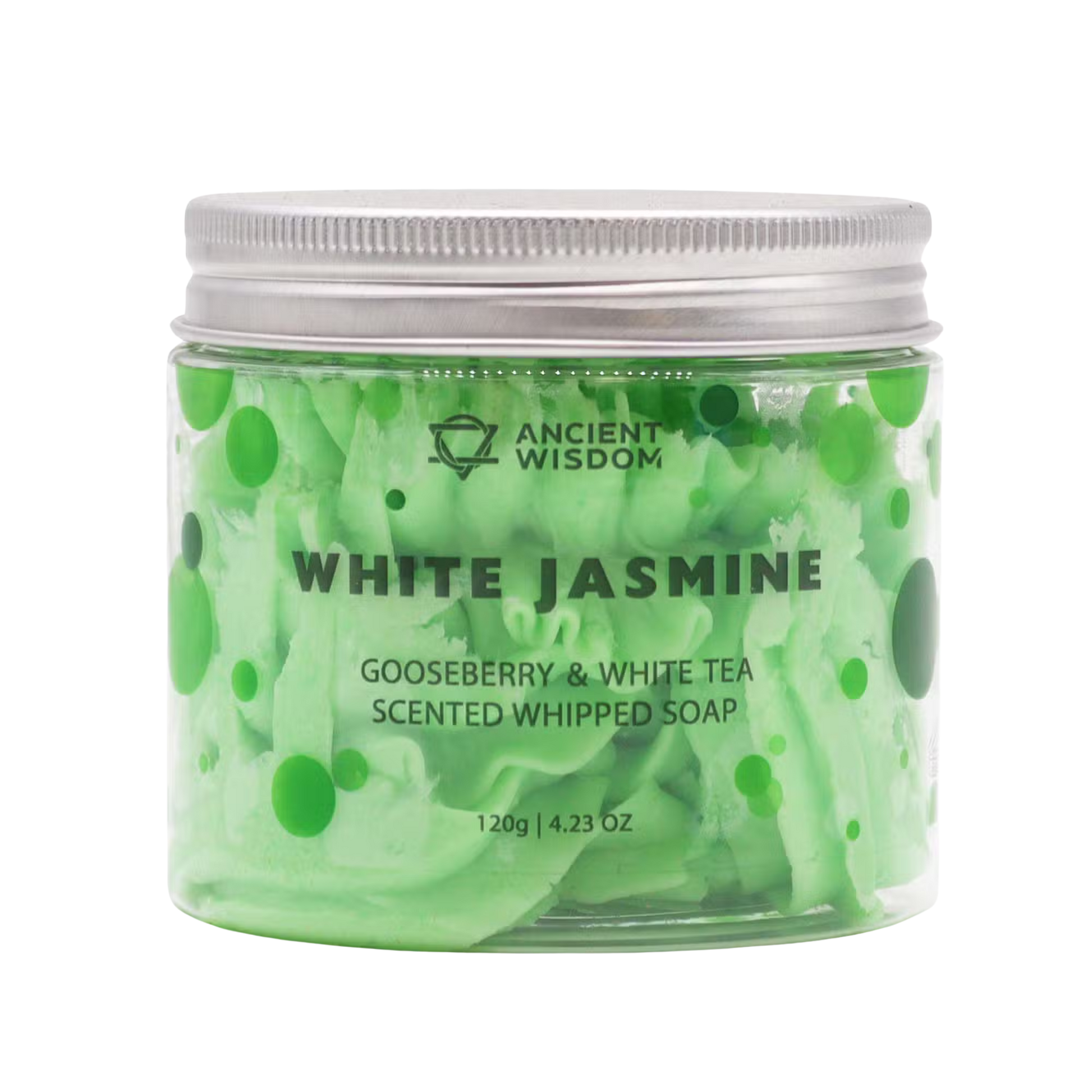 Jar of 'White Jasmine' scented whipped soap with green and white design on a white background