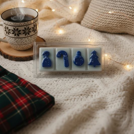 Festive Snuggles Wax Melt Snap Bar with blue festive shaped wax melts in snowman, candy cane, bauble, and tree designs on a white knitted fabric