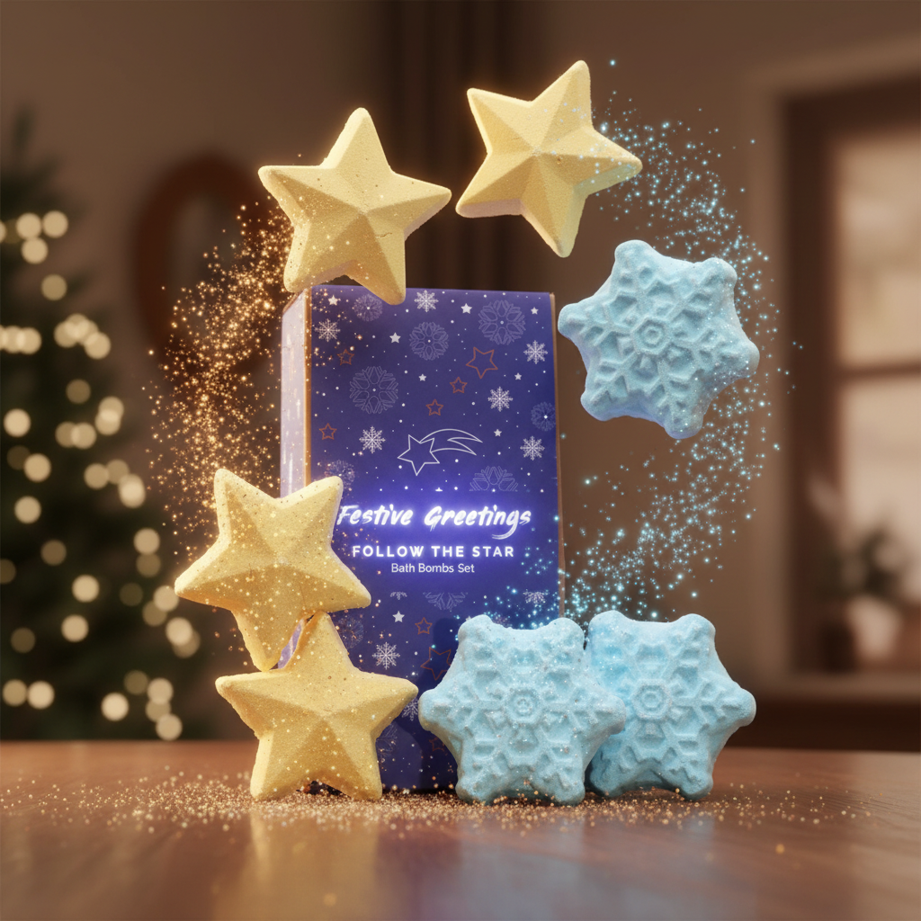 Follow the Star Christmas Bath Bomb Gift Pack featuring yellow star-shaped and blue snowflake-shaped bath bombs with festive sparkling effects