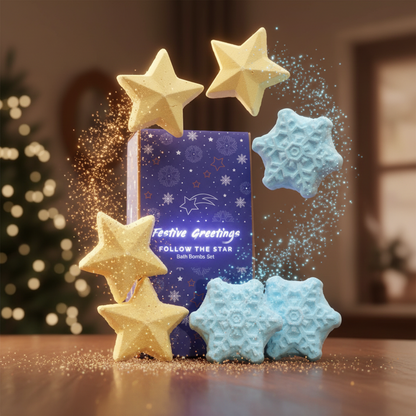 Follow the Star Christmas Bath Bomb Gift Pack featuring yellow star-shaped and blue snowflake-shaped bath bombs with festive sparkling effects