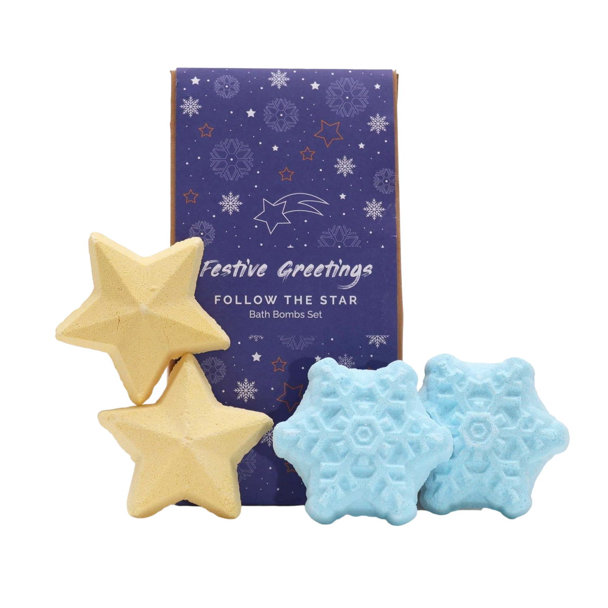 Follow the Star Christmas Bath Bomb Gift Pack featuring yellow star-shaped and blue snowflake-shaped bath bombs with festive packaging