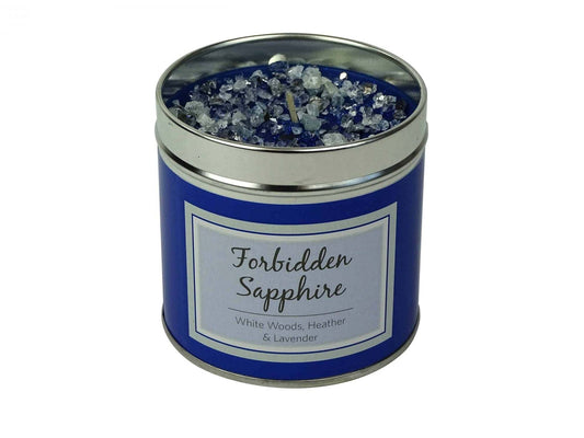 Forbidden Sapphire Scented Candle with basil, heather, lavender, warm vanilla. Vegan, cruelty-free. Burn time: 50 hours.