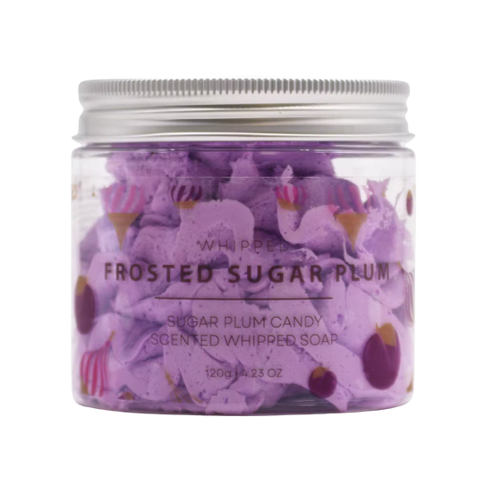 Frosted Sugar Plum Whipped Soap in a clear jar, featuring purple whipped soap, candy-inspired shapes, and 120g label