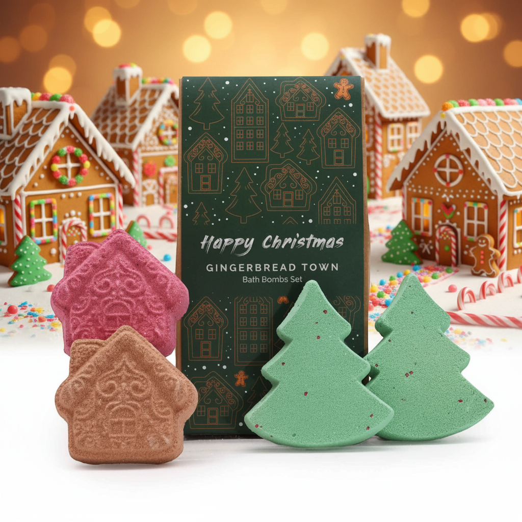Gingerbread Town Christmas Bath Bomb Gift Pack with festive gingerbread house and green Christmas tree shaped bath bombs in decorative box