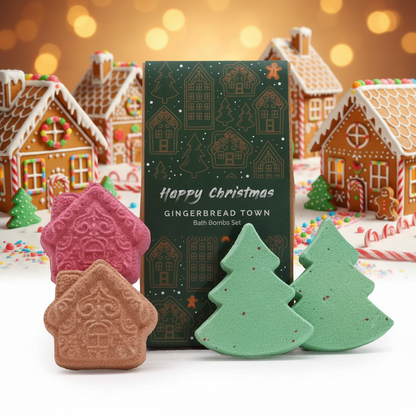 Gingerbread Town Christmas Bath Bomb Gift Pack with festive gingerbread house and green Christmas tree shaped bath bombs in decorative box