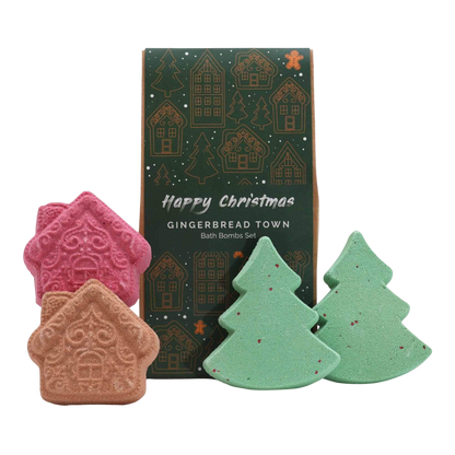 Gingerbread Town Christmas Bath Bomb Gift Pack with four festive bath bombs shaped like gingerbread houses and Christmas trees in red, brown, and green colors