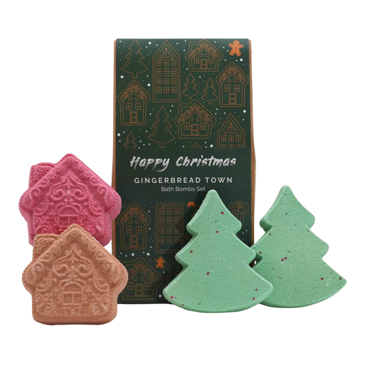 Gingerbread Town Christmas Bath Bomb Gift Pack with four festive bath bombs shaped like gingerbread houses and Christmas trees in red, brown, and green colors
