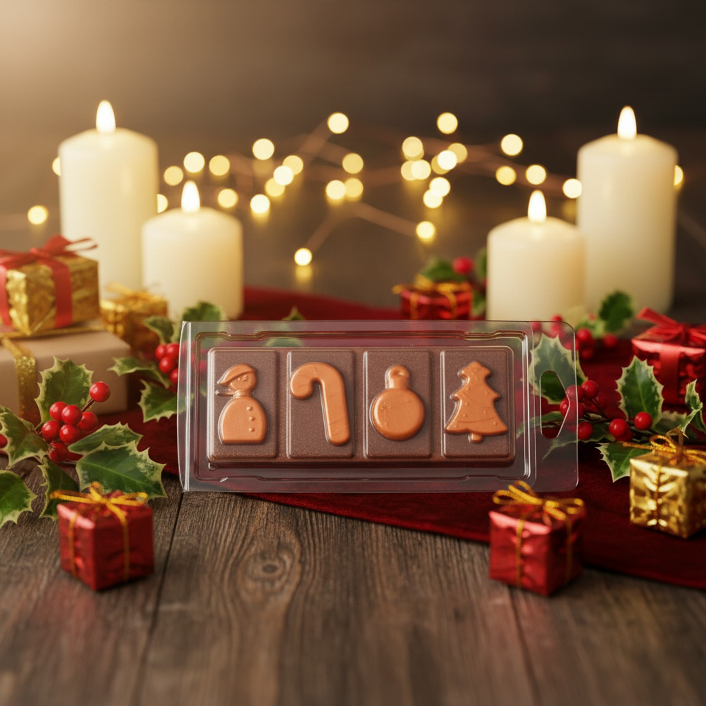 Gingerbread Wax Melt Snap Bar in brown with festive gingerbread shapes including a snowman, candy cane, ornament, and Christmas tree in plastic packaging