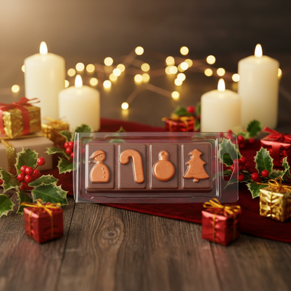 Gingerbread Wax Melt Snap Bar in brown with festive gingerbread shapes including a snowman, candy cane, ornament, and Christmas tree in plastic packaging