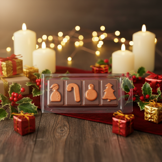 Gingerbread Wax Melt Snap Bar in brown with festive gingerbread shapes including a snowman, candy cane, ornament, and Christmas tree in plastic packaging