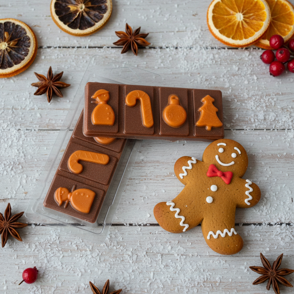 Gingerbread Wax Melt Snap Bar in brown with orange festive icons including Santa, candy cane, bauble, and tree, alongside a decorated gingerbread man cookie