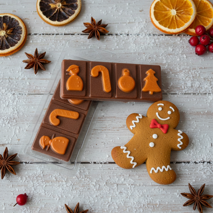Gingerbread Wax Melt Snap Bar in brown with orange festive icons including Santa, candy cane, bauble, and tree, alongside a decorated gingerbread man cookie