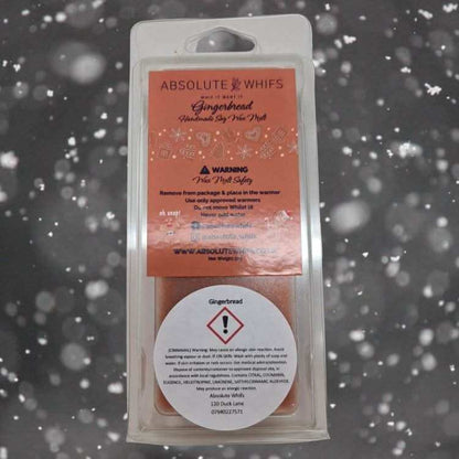 Gingerbread Wax Melt Snap Bar in clear plastic packaging with orange label and safety warning, handmade soy wax melt