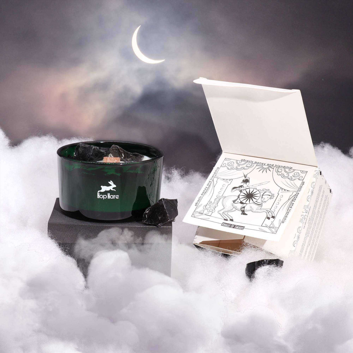 Hop Hare Crystal Magic Flower Candle The Knight of Swords with black obsidian and dried flowers